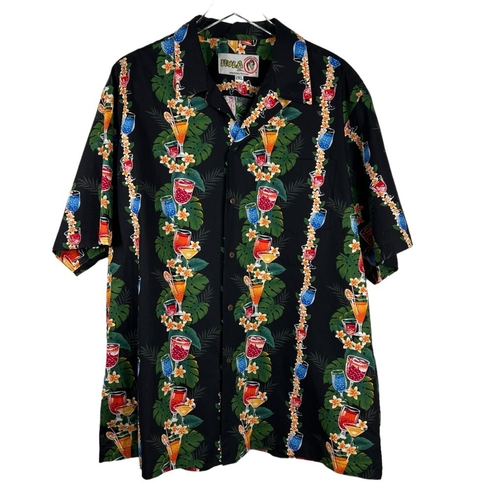 HULA GIRL Vintage Men's Hawaiian Shirt 2XL Colorful Cocktails